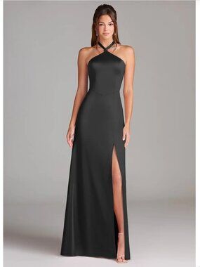 Azazie Elliana: Black Sheath Side Slit Stretch Satin Dress Bridesmaid Dress